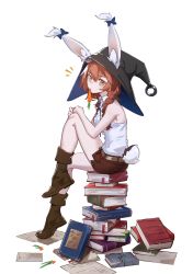 Rule 34 | 1girl, absurdres, animal ear fluff, animal ears, black footwear, blue bow, book, book stack, boots, borrowed character, bow, braid, brown shorts, carrot, commentary, deel (rkeg), ear bow, ears through headwear, english commentary, gift art, hair between eyes, hat, highres, knee up, long hair, looking at viewer, mouth hold, notice lines, orange hair, original, rabbit ears, rabbit girl, shirt, shorts, simple background, sitting, sleeveless, sleeveless shirt, solo, twin braids, white background, white shirt, witch hat, yellow eyes