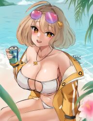 Rule 34 | 1girl, :d, absurdres, ahoge, anis (nikke), anis (sparkling summer) (nikke), beach, bikini, blonde hair, blush, breasts, brown eyes, can, cleavage, collarbone, day, drink can, eyewear on head, flower, goddess of victory: nikke, hair between eyes, hair ornament, highres, holding, holding can, jacket, jewelry, klopsiak, large breasts, looking at viewer, mask bikini, necklace, ocean, off-shoulder jacket, off shoulder, official alternate costume, open mouth, palm leaf, pink-tinted eyewear, short hair, signature, smile, soda can, solo, string bikini, sunglasses, swimsuit, tinted eyewear, white bikini, yellow jacket