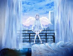 Rule 34 | 1girl, ahma, angel wings, arms at sides, bangs pinned back, bed, bed sheet, blue sky, blue theme, building, city, closed eyes, cloud, commentary request, copyright request, curtains, facing viewer, indoors, knees together feet apart, long sleeves, on railing, railing, rain, robe, sitting, sky, skyscraper, solo, wide shot, wings