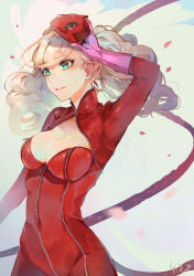 Rule 34 | 10s, 1girl, blonde hair, blue eyes, blush, bodysuit, boots, breasts, cleavage cutout, clothing cutout, earrings, gloves, highres, jewelry, long hair, looking at viewer, persona, persona 5, solo, tail, takamaki anne, thigh boots, thighhighs, twintails, whip, yu chien (yuchien4221)
