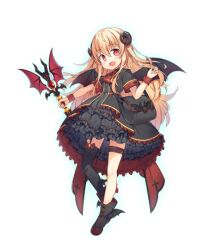 Rule 34 | 1girl, bat wings, black dress, black footwear, black thighhighs, blonde hair, dress, flat chest, game cg, holding, holding weapon, knees, little witch nobeta, long hair, multicolored clothes, multicolored dress, multicolored footwear, nobeta, non-web source, official art, open mouth, red eyes, red footwear, shoes, short sleeves, simple background, solo, thighhighs, transparent background, weapon, wings