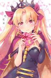 Rule 34 | 1girl, animal print, asymmetrical clothes, asymmetrical sleeves, black dress, blonde hair, blush, box, breasts, brown nails, cape, cleavage, closed mouth, commentary request, dress, earrings, ereshkigal (fate), fate/grand order, fate (series), flying sweatdrops, furrowed brow, gift, gift box, gold trim, hair ribbon, hands up, heart, heart-shaped box, highres, holding, holding gift, hood, hooded cape, hoop earrings, incoming gift, infinity symbol, jewelry, leaning to the side, long hair, long sleeves, looking at viewer, medium breasts, multicolored cape, multicolored clothes, nervous, parted bangs, red cape, red eyes, red ribbon, ribbon, rioshi, single sleeve, solo, spine, strap, two side up, uneven sleeves, upper body, valentine, very long hair, wavy mouth, yellow cape