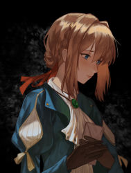 Rule 34 | 1girl, absurdres, blonde hair, blue eyes, blush, braid, closed mouth, formal, gloves, highres, ikukan, jewelry, looking away, medium hair, necklace, own hands together, simple background, solo, violet evergarden, violet evergarden (series)
