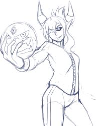 Rule 34 | 1girl, ;), ball, black sclera, blue theme, colored sclera, cowboy shot, demon girl, demon horns, fearless night, hell princess, horns, jersey, monochrome, one eye closed, pointy ears, shining dazzler, sketch, smile, solo, sportswear, track suit