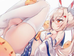 Rule 34 | 1girl, absurdres, ass, ayanami (azur lane), azur lane, bare shoulders, bird, blue skirt, blush, breasts, chick, chromatic aberration, detached sleeves, from side, hair between eyes, hair ornament, headgear, highres, legs up, long hair, lying, medium breasts, microskirt, on back, panties, pleated skirt, ponytail, red eyes, shirt, silver hair, simple background, skirt, solo, thighhighs, tou tou, underwear, white background, white panties, white thighhighs