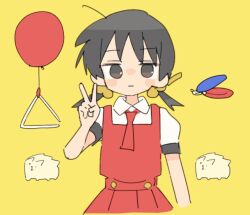 Rule 34 | 1girl, :|, animal, balloon, black eyes, black hair, blush stickers, castanets, closed mouth, collared shirt, commentary, cropped torso, dress, expressionless, hair bobbles, hair ornament, hair strand, hand up, instrument, jitome, kaai yuki, kyoufuu all back (vocaloid), looking at viewer, low twintails, naka (buttergirl 02), necktie, pinafore dress, puffy short sleeves, puffy sleeves, red dress, red necktie, shirt, short hair, short necktie, short sleeves, simple background, sleeveless, sleeveless dress, solo, triangle (instrument), twintails, v, vocaloid, white shirt, yellow background