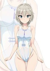 Rule 34 | 10s, 1girl, anastasia (idolmaster), blue eyes, blush, breasts, competition swimsuit, highleg, highleg swimsuit, idolmaster, idolmaster cinderella girls, inoshira, one-piece swimsuit, short hair, silver hair, smile, solo, swimsuit, white background, zoom layer