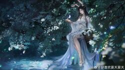 Rule 34 | 1girl, absurdres, artist request, asymmetrical sleeves, basket, black hair, bug, butterfly, closed mouth, douluo dalu, dress, earrings, flower, foliage, full body, glowing butterfly, hair ornament, high heels, highres, insect, jewelry, long hair, reflection, second-party source, sitting, solo, water, white dress, white flower, xiao wu (douluo dalu)