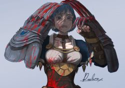 Rule 34 | 1girl, absurdres, blood, blood on clothes, blood on face, blue hair, braid, brown eyes, crown braid, fingerless gloves, fire emblem, fire emblem: three houses, gloves, grey background, highres, marianne von edmund, nintendo, open mouth, pueblo, signature, simple background, solo, upper body