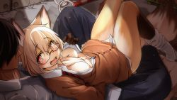 Rule 34 | 1boy, 1girl, animal ears, blonde hair, body fur, breasts, cardigan, faceless, faceless male, fang, fox ears, fox tail, furry, glasses, highres, interspecies, kagarimachi konatsu, lying, no nipples, no pants, on lap, on person, open clothes, open mouth, original, red-framed eyewear, red eyes, rimless eyewear, socks, tail, thighs, unbuttoned