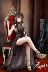 Rule 34 | 1girl, ahoge, alternate hairstyle, anti-materiel rifle, armlet, ass, bare shoulders, black dress, blast compensator, blunt bangs, blush, bolt-action rifle, bolt action, breasts, brown hair, bullpup, chair, champagne flute, chinese commentary, closed mouth, collarbone, commentary request, compensator, crossed legs, cup, curly hair, dress, drinking glass, dsr-50, dsr-50 (girls&#039; frontline), dsr-50 (highest bid) (girls&#039; frontline), earrings, evening gown, gem, girls&#039; frontline, gold footwear, gun, hand on own thigh, heart, high heels, highres, holding, holding cup, indoors, jewelry, large breasts, leaning forward, letter, light particles, long hair, looking at viewer, muzzle device, official alternate costume, petals, red eyes, red gemstone, revision, rifle, see-through, sidelocks, sitting, skindentation, smile, sniper rifle, solo, suppressor, thighs, very long hair, weapon, yakumo yukarii