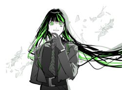 Rule 34 | 1girl, alfonso (project moon), barcode, barcode tattoo, belt, black belt, black hair, black pants, black shirt, collared shirt, cropped jacket, gloves, green eyes, green hair, grey gloves, grey jacket, grey necktie, grin, highres, jacket, limbus company, long hair, multicolored hair, necktie, nisi (n1si), pants, project moon, shirt, simple background, slit pupils, smile, solo, streaked hair, tattoo, upper body, very long hair, white background
