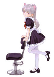 Rule 34 | 1girl, animal ear fluff, animal ears, apron, black dress, black footwear, blush, cat ears, cat girl, chair, closed mouth, dress, feiqizi (fkey), female focus, fkey, flat chest, frilled apron, frilled dress, frills, from side, grey hair, high heels, highres, leaning forward, leaning on object, leg up, light blush, long hair, looking back, maid, maid apron, neck ribbon, nose blush, original, pantyhose, pink eyes, ponytail, red ribbon, ribbon, shoes, short dress, short sleeves, sidelocks, simple background, solo, standing, standing on one leg, white apron, white background, white pantyhose