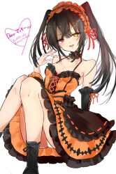 Rule 34 | 1girl, bare shoulders, black footwear, black hair, black sleeves, blush, boots, breasts, chigasaki yukari, cleavage, clock eyes, collarbone, commission, date a live, detached sleeves, dress, feet out of frame, frilled dress, frills, gothic lolita, hairband, hand up, heart, heterochromia, invisible chair, lolita fashion, lolita hairband, long hair, looking at viewer, open mouth, orange dress, panties, pantyshot, red eyes, simple background, sitting, skeb commission, small breasts, solo, symbol-shaped pupils, thank you, tokisaki kurumi, twintails, underwear, uneven twintails, white background, white panties, yellow eyes