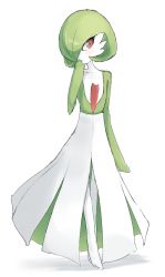 Rule 34 | 1girl, arm at side, blush, bob cut, closed mouth, collarbone, colored skin, creatures (company), female focus, flat chest, full body, game freak, gardevoir, gen 3 pokemon, green hair, green skin, hair over one eye, hand to own mouth, hand up, light blush, looking at viewer, multicolored skin, nintendo, one eye covered, pokemon, pokemon (creature), red eyes, ripu (lipi), short hair, simple background, sketch, solo, standing, two-tone skin, white background, white skin