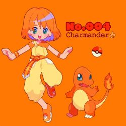 Rule 34 | 1girl, belt, bracelet, character name, charmander, creature and personification, creatures (company), eyes visible through hair, fire, flame-tipped tail, full body, game freak, gen 1 pokemon, green eyes, jewelry, leg up, medium hair, narumame, nintendo, open mouth, orange background, orange footwear, orange hair, orange shirt, orange theme, overalls, personification, poke ball, poke ball (basic), pokedex number, pokemon, pokemon (creature), shirt, shoes, short sleeves, simple background, smile, standing