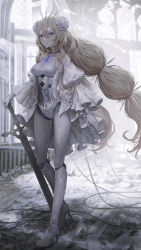 Rule 34 | 1girl, absurdres, android, bare shoulders, blonde hair, blurry, blurry background, cable, closed mouth, collarbone, covered collarbone, crystal, doll joints, eyelashes, flower, frills, gem, hair between eyes, hair flower, hair ornament, hand on hilt, high heels, highres, hinayuri, holding, holding sword, holding weapon, joints, light particles, light rays, long eyelashes, long hair, original, puffy sleeves, purple eyes, rose, rubble, solo, spikes, sword, tiara, very long hair, weapon, white flower, white rose, window