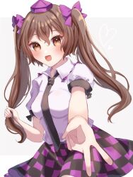 Rule 34 | 1girl, arm up, black necktie, black ribbon, black skirt, blush, border, bow, breasts, brown eyes, brown hair, collared shirt, commentary request, grey background, hair between eyes, hair bow, hands up, hat, heart, himekaidou hatate, long hair, looking at viewer, medium breasts, missing textures, multicolored clothes, multicolored skirt, necktie, open mouth, outside border, plaid, plaid skirt, puffy short sleeves, puffy sleeves, purple bow, purple hat, purple skirt, ribbon, shirt, short sleeves, simple background, siomi 403, skirt, smile, solo, standing, tokin hat, tongue, touhou, twintails, v, white border, white shirt, wing collar