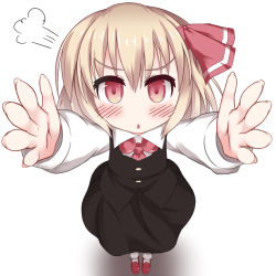 Rule 34 | &gt;:o, 1girl, :o, annoyed, black dress, blonde hair, blush, carry me, dress, from above, hair ribbon, looking at viewer, outstretched arms, razy (skuroko), red eyes, ribbon, rumia, short hair, smile, solo, touhou, v-shaped eyebrows