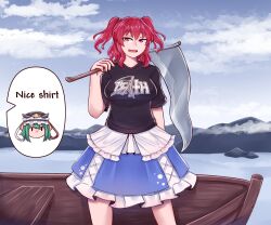 Rule 34 | 1girl, averageairhead, black shirt, boat, breasts, clothes writing, cloud, commentary, commission, english commentary, green hair, highres, holding, holding scythe, ichinose shiki, large breasts, looking at viewer, mountain, onozuka komachi, open mouth, outdoors, red eyes, red hair, scythe, shiki eiki, shirt, short hair, sky, solo, standing, touhou, two side up, water, watercraft