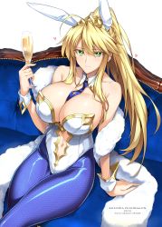 Rule 34 | 1girl, ahoge, animal ears, artoria pendragon (all), artoria pendragon (fate), artoria pendragon (swimsuit ruler) (fate), bare shoulders, blonde hair, blue pantyhose, blush, braid, breasts, champagne flute, cleavage, clothing cutout, collarbone, colored eyelashes, cross, cup, detached collar, drinking glass, eyelashes, fake animal ears, fate/grand order, fate (series), fishnet pantyhose, fishnets, french braid, green eyes, halcon, heart, highres, huge breasts, leotard, long hair, looking at viewer, navel, navel cutout, necktie, pantyhose, playboy bunny, ponytail, rabbit ears, shawl, shiny clothes, sidelocks, sitting, smile, solo, swept bangs, tiara, white pantyhose, wrist cuffs
