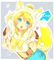 Rule 34 | 10s, 1girl, alternate costume, animal ears, animal hat, arched back, ayase eli, blonde hair, blue eyes, bow, bowtie, clenched hands, fox ears, fox hat, fox tail, fur trim, hat, heart, kakizato, long hair, love live!, love live! school idol festival, love live! school idol project, midriff, sound effects, open mouth, outline, pom pom (clothes), ponytail, romaji text, short sleeves, skirt, solo, speech bubble, standing, star (symbol), suspender skirt, suspenders, tail, yellow bow