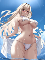 Rule 34 | 1girl, bikini, blonde hair, blue sky, breasts, choker, cloud, commentary request, day, from below, hair intakes, highres, holding, large breasts, long hair, looking at viewer, mole, mole under eye, navel, original, outdoors, partially submerged, purple eyes, sky, smile, solo, string bikini, sunlight, swimsuit, underboob, untue, wading, wet, white bikini, white choker