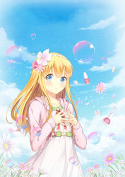 Rule 34 | 1girl, absurdres, blonde hair, blue eyes, blush, bubble, cloud, collarbone, cropped jacket, day, dress, fingers together, flat chest, flower, hair flower, hair ornament, hairband, highres, hood, hood down, hooded jacket, jacket, long hair, long sleeves, looking to the side, ltt challenger, original, outdoors, parted lips, petals, red ribbon, ribbon, sky, solo, white dress, white hairband