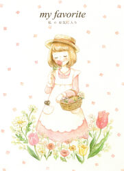 Rule 34 | 1girl, apron, bilingual, boater hat, bob cut, brown headwear, collared dress, commentary request, daisy, dress, english text, flower, flower (symbol), flower basket, flower to mouth, holding, holding flower, leaf, light brown hair, long sleeves, mixed-language text, orange flower, original, partial commentary, pink dress, pink flower, pink tulip, pocket, red flower, red tulip, scissors, sleeve cuffs, solo, standing, tokoyu, tulip, white apron, white background, yellow flower, yellow tulip