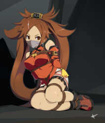 Rule 34 | 1girl, arms behind back, bare shoulders, bdsm, bondage, boots, bound, bound ankles, bound arms, bound legs, bound torso, breasts, brown eyes, brown hair, china dress, chinese clothes, detached sleeves, dress, full body, gag, gagged, guilty gear, hair ornament, hairclip, highres, kuradoberi jam, long hair, looking back, medium breasts, restrained, sharpffffff, shibari, sitting, skirt, solo, very long hair