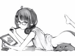 Rule 34 | 1girl, ass, bare arms, bare shoulders, barefoot, blunt bangs, bottomless, dot mouth, feet, from side, glasses, greyscale, hair ornament, hairclip, headphones, headphones around neck, highres, holding, holding stylus, hololive, hololive english, looking at viewer, lying, monochrome, nanashi (nlo), ninomae ina&#039;nis, ninomae ina&#039;nis (loungewear), official alternate hair length, official alternate hairstyle, on stomach, pointy ears, shirt, short hair, simple background, sketch, sleeveless, sleeveless shirt, solo, stylus, tablet pc, takodachi (ninomae ina&#039;nis), the pose, virtual youtuber