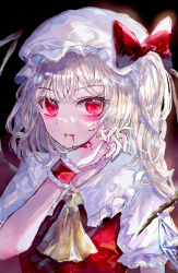 Rule 34 | 1girl, ascot, blonde hair, blood, blood on face, bow, bowtie, fangs, hand up, highres, medium hair, red bow, red bowtie, red eyes, solo, suzushina, touhou, upper body, vampire, yellow ascot