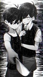 Rule 34 | 2boys, aiming, aiming at viewer, black eyes, black hair, black sweater vest, child, chromatic aberration, closed mouth, collar, collared shirt, colored skin, dual persona, expressionless, greyscale, highres, holding, holding knife, knife, looking at viewer, monochrome, multiple boys, muroku (aimichiyo0526), omori, omori (omori), protecting, shirt, short hair, short sleeves, shorts, sunny (omori), sweater vest, white eyes, white shirt, white skin, yutsu