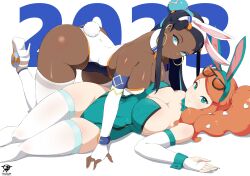 Rule 34 | 2023, 2girls, absurdres, all fours, alternate costume, animal ears, bare shoulders, black hair, blue eyes, bow, bowtie, breasts, chinese zodiac, closed mouth, creatures (company), curvy, dark-skinned female, dark skin, earrings, elbow gloves, eyewear on head, fake animal ears, female focus, fingerless gloves, game freak, gloves, green bow, green bowtie, green eyes, green leotard, hair ornament, half updo, heart, heart hair ornament, high heels, highres, hoop earrings, jewelry, kaos art, large breasts, leotard, long hair, looking at viewer, lying, multiple girls, nessa (pokemon), nintendo, on back, orange hair, parted lips, playboy bunny, pokemon, pokemon swsh, rabbit ears, side ponytail, skindentation, smile, sonia (pokemon), thighhighs, thighs, white gloves, white leotard, white thighhighs, wide hips, year of the rabbit