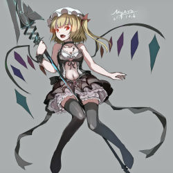 Rule 34 | 1girl, alternate costume, animal print, bare arms, bare shoulders, bat print, black dress, black thighhighs, blonde hair, bloomers, bra, bracelet, breasts, brooch, choker, cleavage, clothing cutout, collarbone, cross, cross necklace, dress, fang, flandre scarlet, gothic lolita, hat, unworn hat, hat ribbon, unworn headwear, highres, jewelry, laevatein, lolita fashion, looking at viewer, medium breasts, mob cap, myero, navel, navel cutout, necklace, open mouth, pendant, polearm, red eyes, revealing clothes, ribbon, sash, see-through, side ponytail, signature, sleeveless, sleeveless dress, smile, solo, spear, thighhighs, touhou, underwear, weapon, white bra, wings, zettai ryouiki