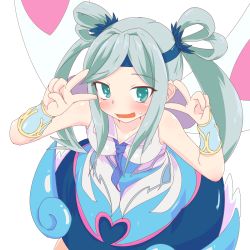 Rule 34 | 1girl, alternate costume, aqua hair, blue eyes, blue headband, blue necktie, blush, bracer, breasts, cahf/find, collared dress, commentary request, double v, dress, duel monster, from above, hair rings, headband, highres, long hair, looking at viewer, maiden with eyes of blue, multicolored clothes, multicolored dress, necktie, open mouth, sidelocks, simple background, sleeveless, sleeveless dress, solo, sweatdrop, twintails, v, white background, white dress, yu-gi-oh!