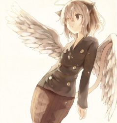 Rule 34 | androgynous, angel wings, animal ears, brown eyes, cat ears, cat tail, crying, gender request, halo, highres, hunter x hunter, kinakomotitaberu, long sleeves, neferpitou, other focus, short hair, shorts, silver hair, solo, tail, tears, white background, wings