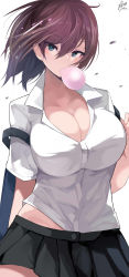 Rule 34 | 1girl, absurdres, bag, blue eyes, blush, breasts, brown hair, chewing gum, cleavage, highres, large breasts, looking at viewer, midriff, miniskirt, original, pleated skirt, school bag, school uniform, shirt, short hair, signature, simple background, skirt, solo, white background, white shirt, yuzuki himuka