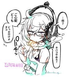 Rule 34 | 10s, 1girl, absurdly long hair, abyssal ship, ahoge, black-framed eyewear, blue eyes, braid, breasts, cigarette, colored skin, dress, glasses, headphones, kantai collection, lighter, long hair, looking at viewer, masha, pale skin, single braid, solo, supply depot princess, translation request, very long hair, white hair, white skin
