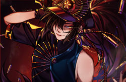Rule 34 | 1boy, artist name, black shirt, brown hair, bullet, carrying over shoulder, commentary request, fate/grand order, fate (series), gloves, hair over one eye, hat, lipstick, long hair, makeup, male focus, march ab, nail polish, oda kippoushi (fate), oda nobunaga (fate), oda nobunaga (koha-ace), oda uri, peaked cap, red nails, shirt, sleeveless, smile, solo, sparkle, yellow eyes