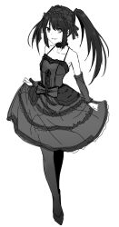 Rule 34 | 1girl, absurdres, bare shoulders, breasts, choker, collarbone, date a live, detached sleeves, dress, frilled dress, frills, full body, goth fashion, gothic lolita, grin, h2o (ddks2923), heterochromia, highres, layered dress, lolita fashion, looking at viewer, medium breasts, pantyhose, shoes, simple background, small breasts, smile, solo, standing, teeth, tokisaki kurumi, trad goth, twintails, white background