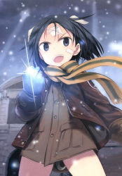 Rule 34 | 1girl, absurdres, animal ears, bandaid, bandaid on face, black eyes, black hair, brave witches, clenched hand, cloud, cloudy sky, cowboy shot, dog ears, dog tail, gloves, highres, jacket, kanno naoe, looking at viewer, official art, scarf, shimada fumikane, sky, snow, solo, sparkle, striped clothes, striped scarf, tail, wind, world witches series