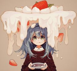 Rule 34 | 1girl, closed mouth, collared shirt, cream, food, food on face, fork, fruit, green eyes, grey background, grey hair, hairband, highres, holding, holding plate, ka (marukogedago), long hair, long sleeves, original, plate, red sweater, shirt, simple background, solo, strawberry, sweater, upper body, white shirt