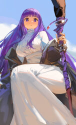 Rule 34 | 1girl, black robe, breasts, bright pupils, dress, expressionless, fern (sousou no frieren), highres, holding, holding staff, large breasts, long dress, long hair, looking at viewer, meinoss, outdoors, purple eyes, purple hair, robe, solo, sousou no frieren, staff, very long hair, white dress, white pupils