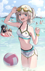 Rule 34 | 3girls, absurdres, adjusting clothes, adjusting headwear, arm up, ball, bare shoulders, bikini, bikini shorts, black hair, blue eyes, blush, boat, breasts, cleavage, cloud, cup, drinking, earrings, goggles, goggles on head, hand up, highres, holding, holding cup, idolmaster, idolmaster shiny colors, innertube, izumi mei, jewelry, light brown hair, long hair, looking at viewer, mayuzumi fuyuko, multiple girls, navel, ocean, open mouth, outdoors, people, serizawa asahi, short hair, shorts, small breasts, smile, solo focus, straylight (idolmaster), swim ring, swimsuit, tamago (eva1314056), teeth, two side up, upper teeth only, v-shaped eyebrows, volleyball, volleyball (object), wading, water, watercraft, wet, white bikini, wristband