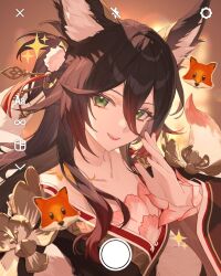 animal_ears brown_hair fox_ears fox_girl fugue_(honkai:_star_rail) green_eyes honkai:_star_rail honkai_(series) selfie tagme tingyun_(honkai:_star_rail)