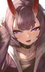 Rule 34 | 1girl, bob cut, breasts, choker, chorogon, eyeliner, fate/grand order, fate (series), highres, horns, jacket, long sleeves, looking at viewer, makeup, oni, open clothes, open jacket, open mouth, purple eyes, purple hair, purple jacket, short hair, shuten douji (fate), skin-covered horns, small breasts, solo