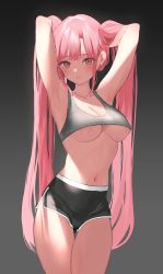 Rule 34 | 1girl, absurdres, areola slip, armpits, arms up, bad id, bad twitter id, black background, black shorts, black tank top, blush, breasts, cleavage, closed mouth, cowboy shot, dolphin shorts, eyelashes, gradient background, hands in hair, highres, lips, long hair, looking at viewer, medium breasts, midriff, navel, original, pink eyes, pink hair, revision, short shorts, shorts, simple background, sleeveless, smile, solo, sutochan, sweat, tank top, thigh gap, thighs, twintails, underboob, veins, veiny breasts