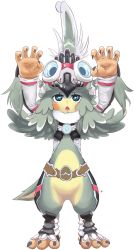 Rule 34 | 1girl, artist request, bird, claws, crop top, detached sleeves, feather hair, feathers, finch (xenoblade), flat chest, fur collar, gem, goggles, goggles on head, hat, highres, long hair, monster girl, neck fur, nintendo, open mouth, simple background, solo, talons, toeless legwear, triangle mouth, xenoblade chronicles (series), xenoblade chronicles 2