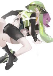 2girls agent_3_(splatoon) agent_8_(splatoon) all_fours bike_shorts black_footwear black_shorts boots bottomless chinese_commentary feiguasang green_hair hand_on_another&#039;s_back hand_on_another&#039;s_head headgear high-visibility_clothing high-visibility_vest highres inkling inkling_girl inkling_player_character long_hair lying multiple_girls navel nintendo octoling octoling_girl octoling_player_character on_back pink_hair scar scar_on_back short_hair shorts simple_background splatoon_(series) splatoon_2 splatoon_2:_octo_expansion tentacle_hair unzipped white_background yuri zipper_pull_tab